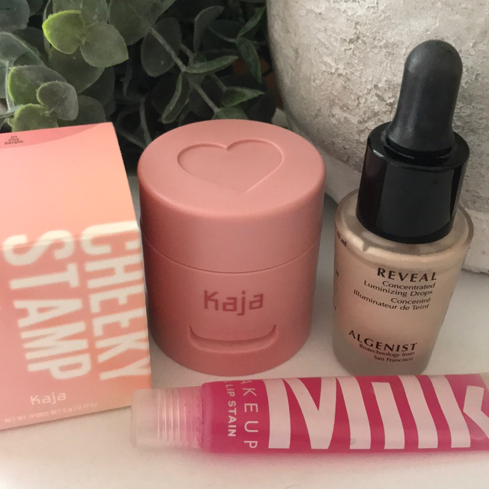 Kaja Blush, Algenist Highlighter, Milk Lip Stain